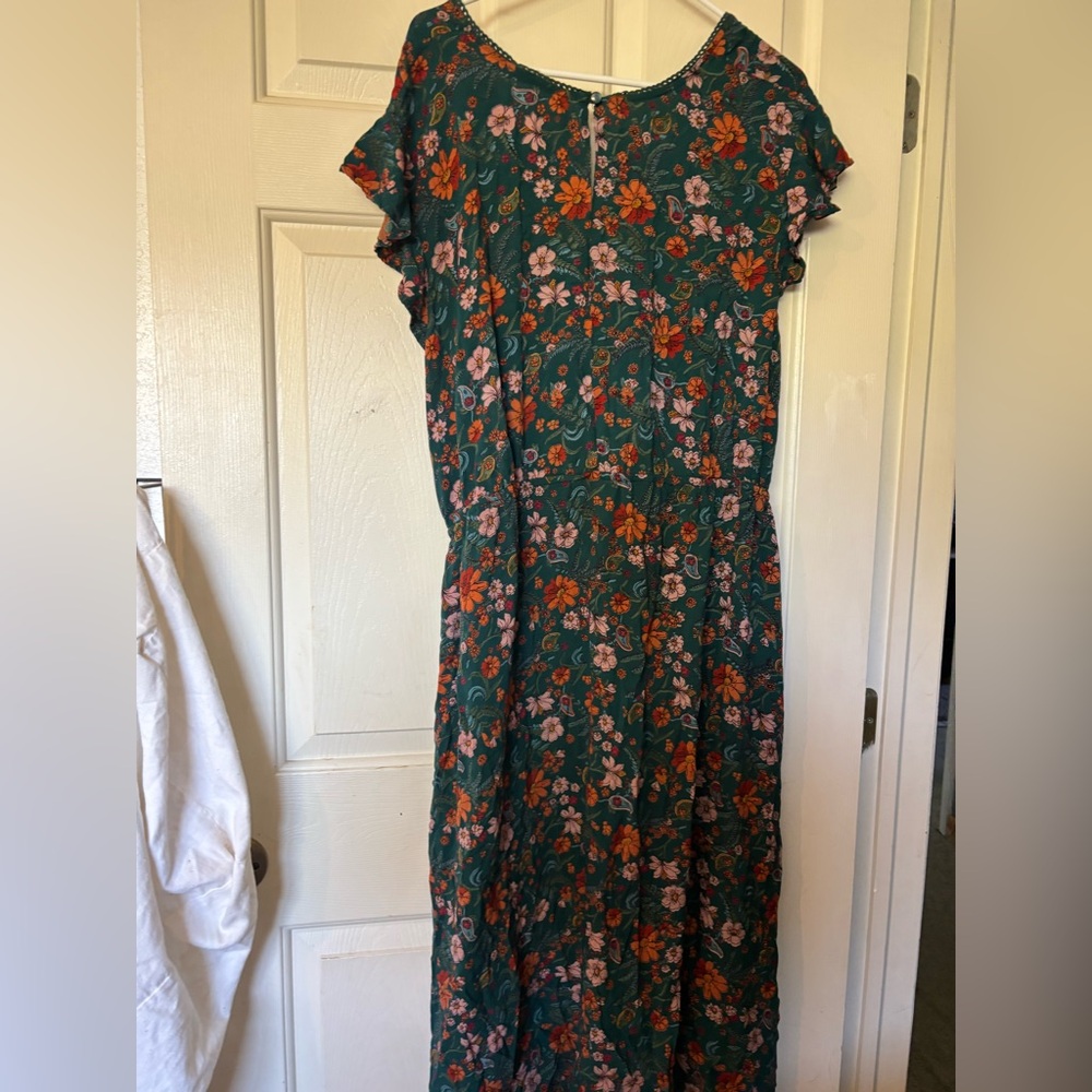 Green Floral Dress SZ 3X Romanic Gypsy Sweetheart Boho Elastic Waist Orange Pink